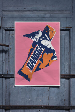 a ganggang poster with a candy bar graphic