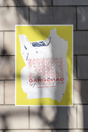a ganggang poster with a plastic bag graphic