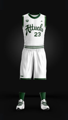 crispus attucks throwback basketball unifrm, white with green trim, throwback logo on front